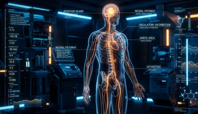 Scientific visualization of the HPG axis and testosterone production in the male body.