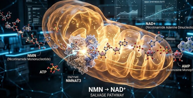 3D medical illustration showing the conversion of NMN to NAD+ inside a human cell.