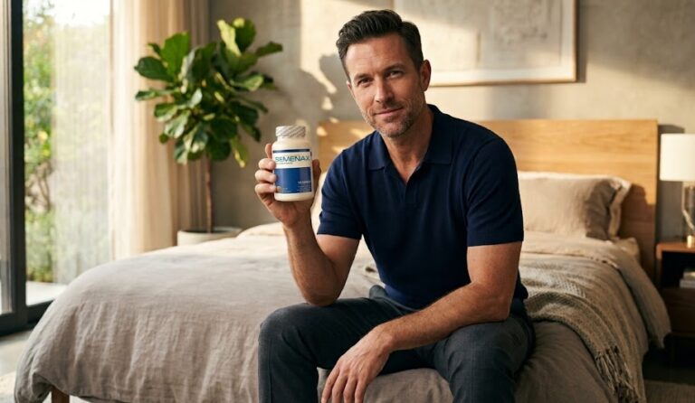 Confident man holding a Semenax volume enhancer supplement bottle in a premium setting.