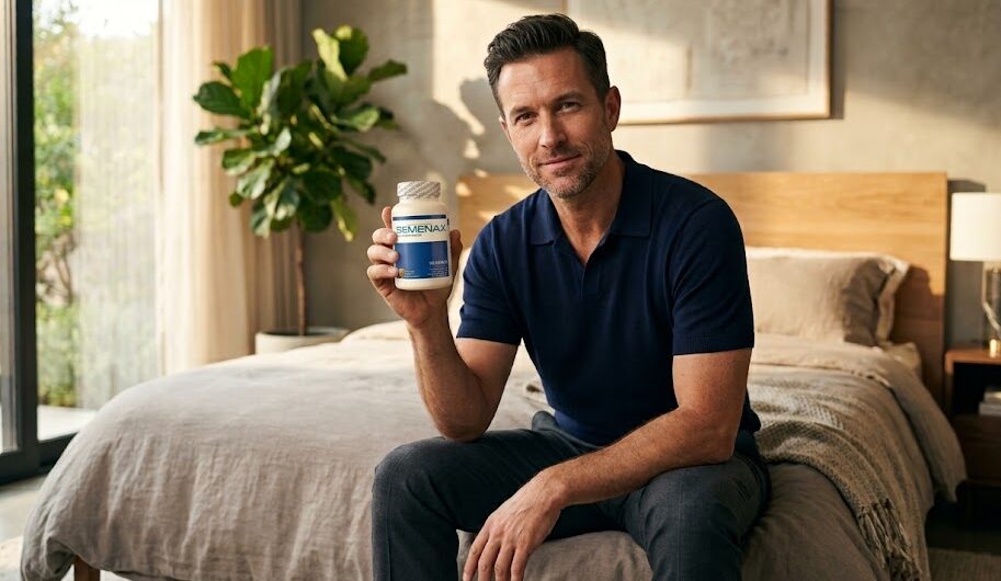 Confident man holding a Semenax volume enhancer supplement bottle in a premium setting.