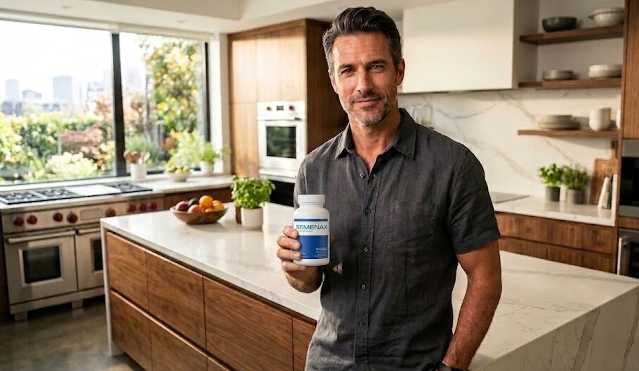 Confident man in his 40s holding a bottle of Semenax volume pills in a modern kitchen.