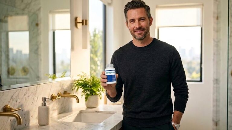 Confident, fit man in his 30s holding a natural volume enhancer supplement.