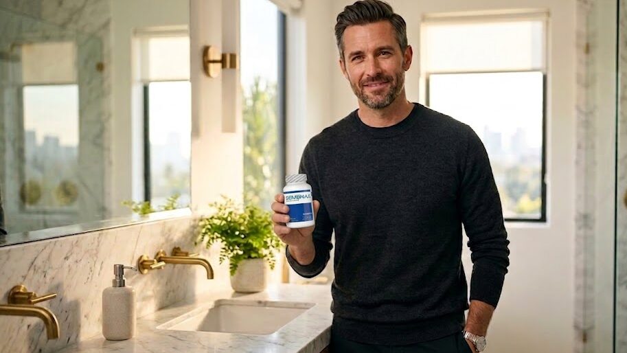 Confident, fit man in his 30s holding a natural volume enhancer supplement.