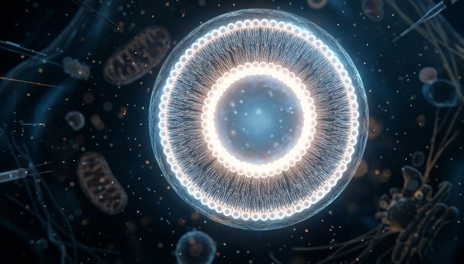 3D medical illustration showing a liposome lipid bilayer encapsulating a nutrient core.