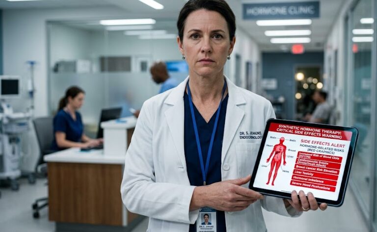 Doctor explaining the cardiovascular risks and side effects of synthetic testosterone therapy.