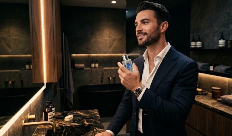 Well-dressed, confident man applying cologne to his neck and pulse points.