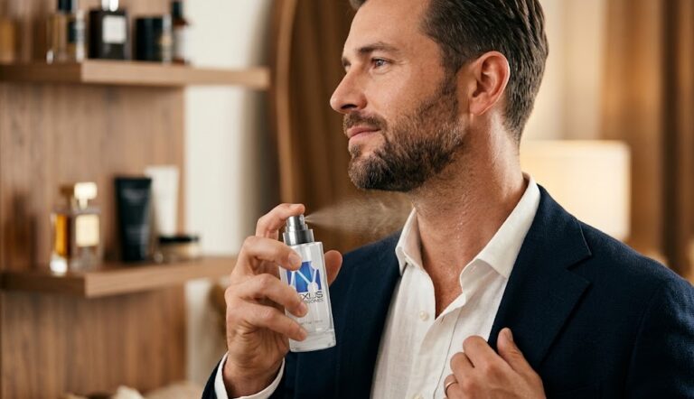 Confident man applying pheromone cologne to his neck pulse point.