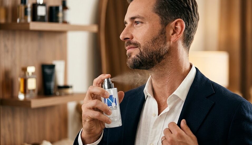 Confident man applying pheromone cologne to his neck pulse point.