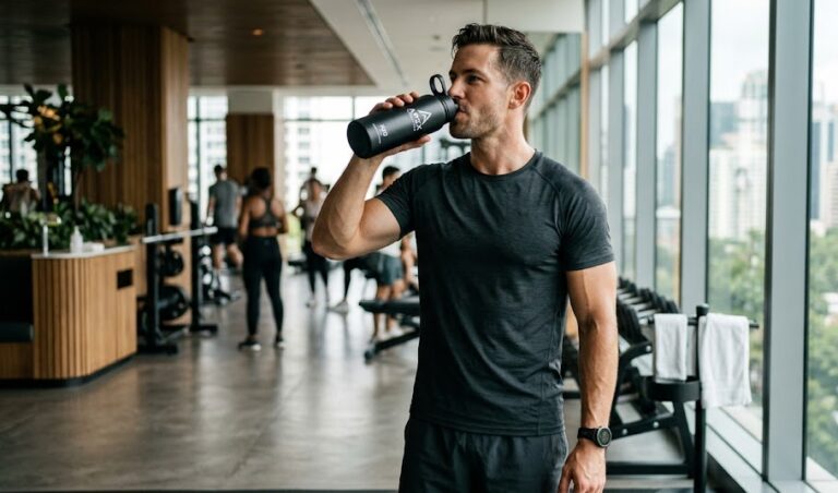 Fit, athletic man drinking water in a modern gym, emphasizing a healthy lifestyle.