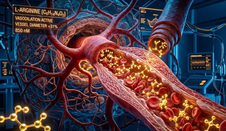 3D medical visualization of L-Arginine amino acids boosting nitric oxide in the bloodstream.