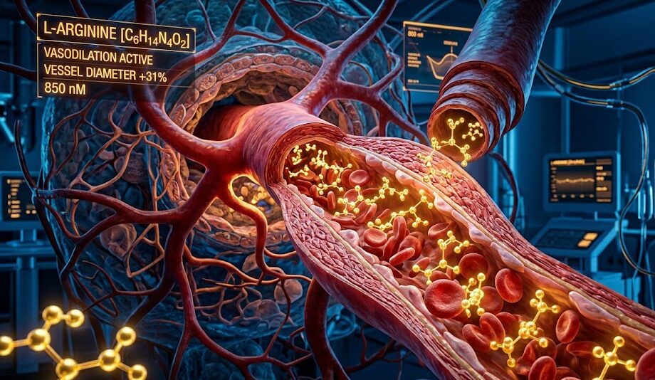 3D medical visualization of L-Arginine amino acids boosting nitric oxide in the bloodstream.