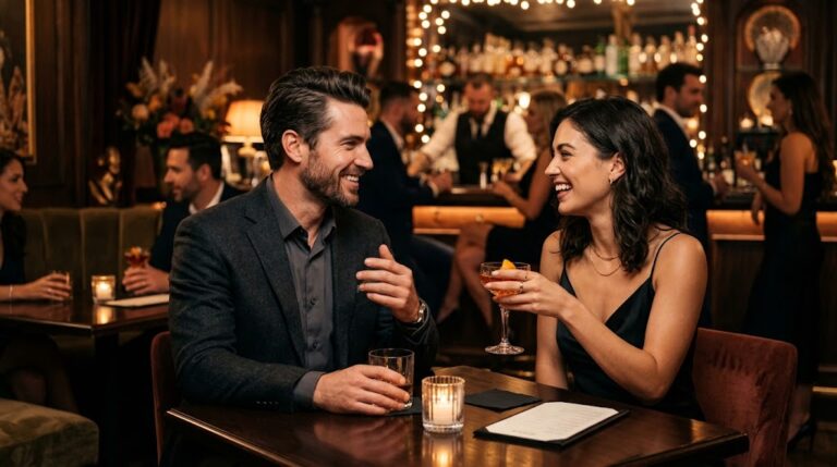 Confident man smoothly engaging in conversation with a woman at an upscale lounge.