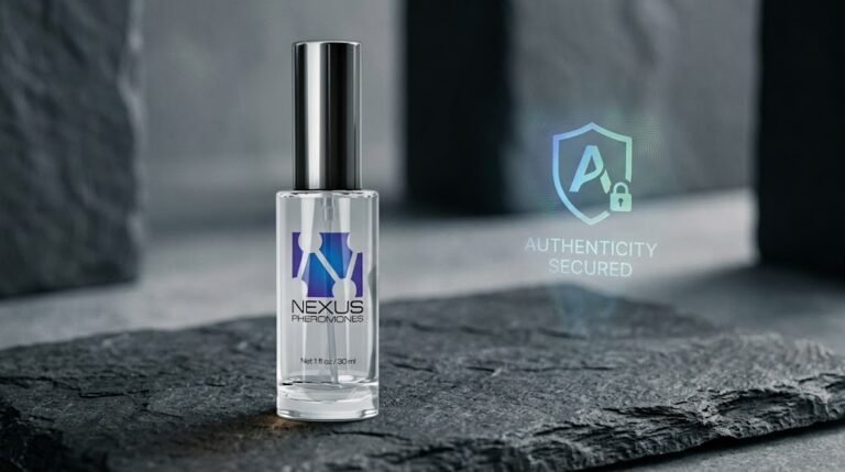 Authentic Nexus Pheromones bottle next to a shield icon, representing purchase security and counterfeit protection.